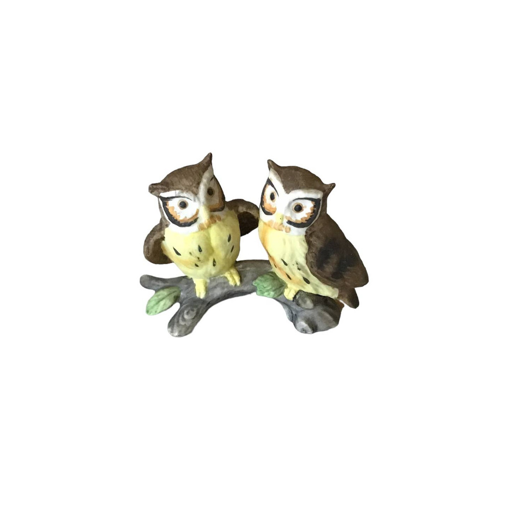 Vintage Lefton Hand Painted Owl Pair on Branch Figurine